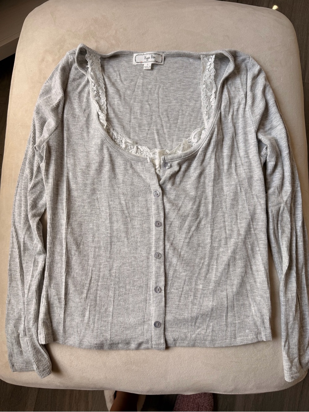 Hippie Rose Light Gray Lace-Trim Ribbed Button-Front Top